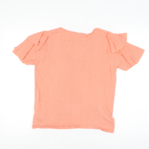 Marks and Spencer Women Pink Ruffle Sleeve V-Neck Knit T-Shirt Size 12