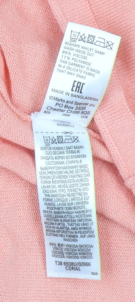 Marks and Spencer Women Pink Ruffle Sleeve V-Neck Knit T-Shirt Size 12