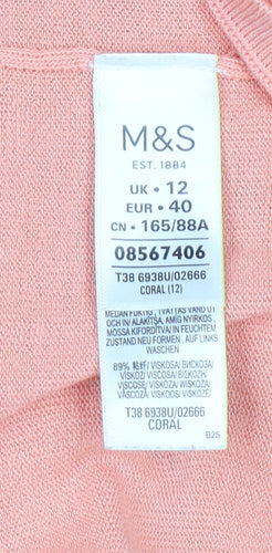 Marks and Spencer Women Pink Ruffle Sleeve V-Neck Knit T-Shirt Size 12