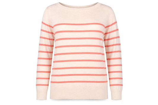 Front view of Monsoon Women’s Beige Striped Linen Blend 3/4 Sleeve Jumper, size UK 12