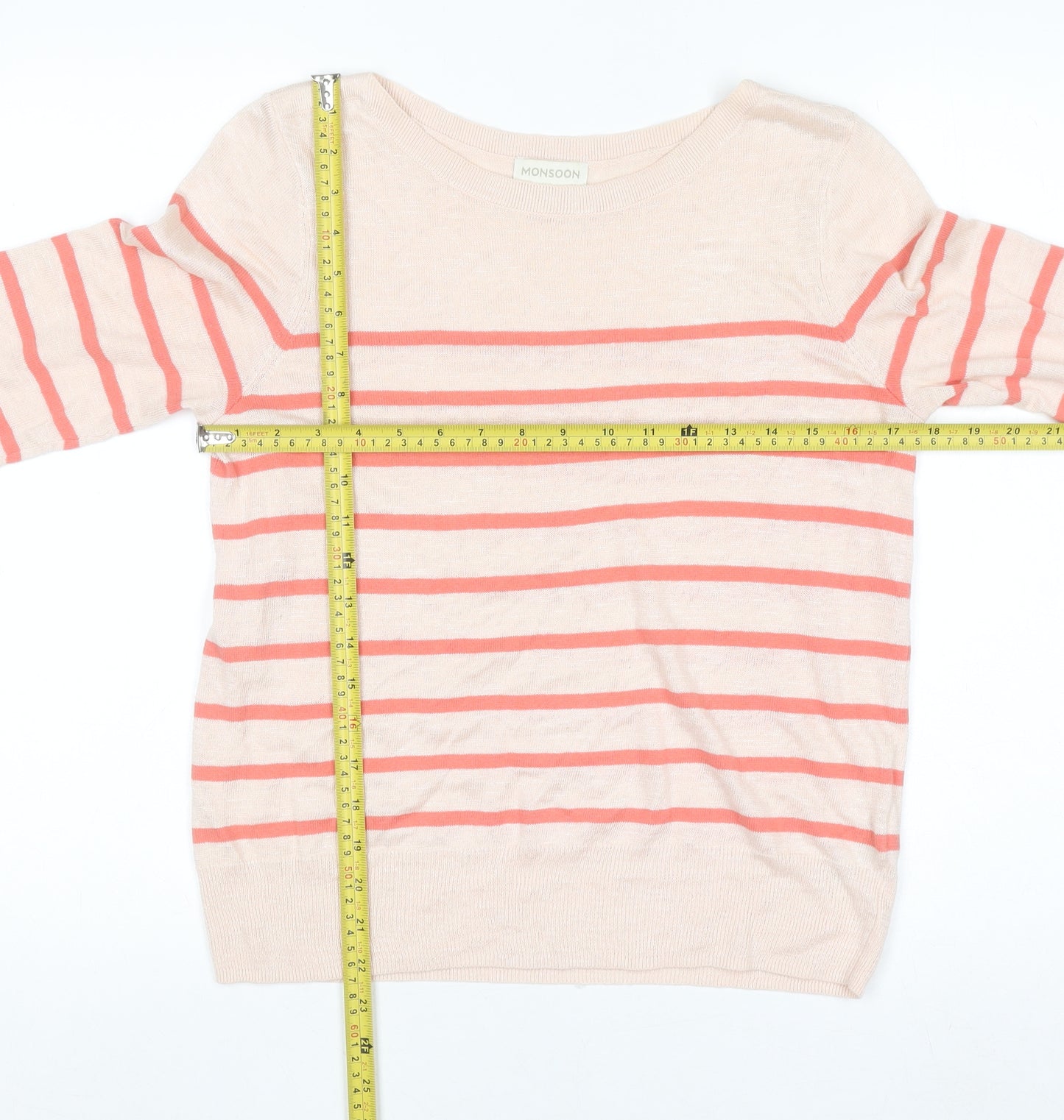 Monsoon Women’s Beige Striped Linen Blend 3/4 Sleeve Jumper Size 12
