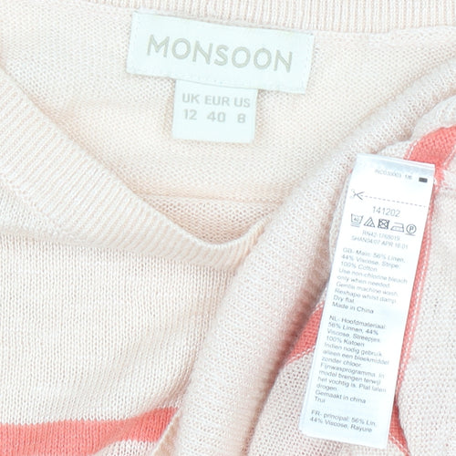 Monsoon Women’s Beige Striped Linen Blend 3/4 Sleeve Jumper Size 12