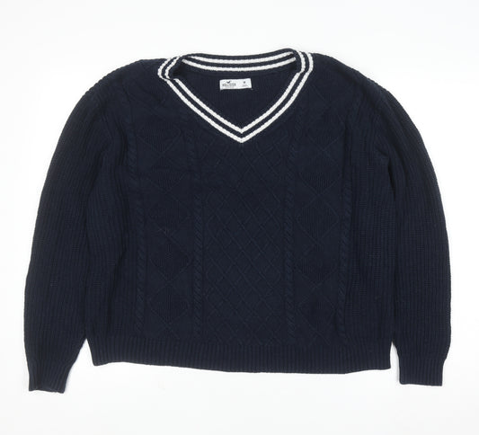 Hollister Women’s Blue V-Neck Cable Knit Cotton Jumper Size M