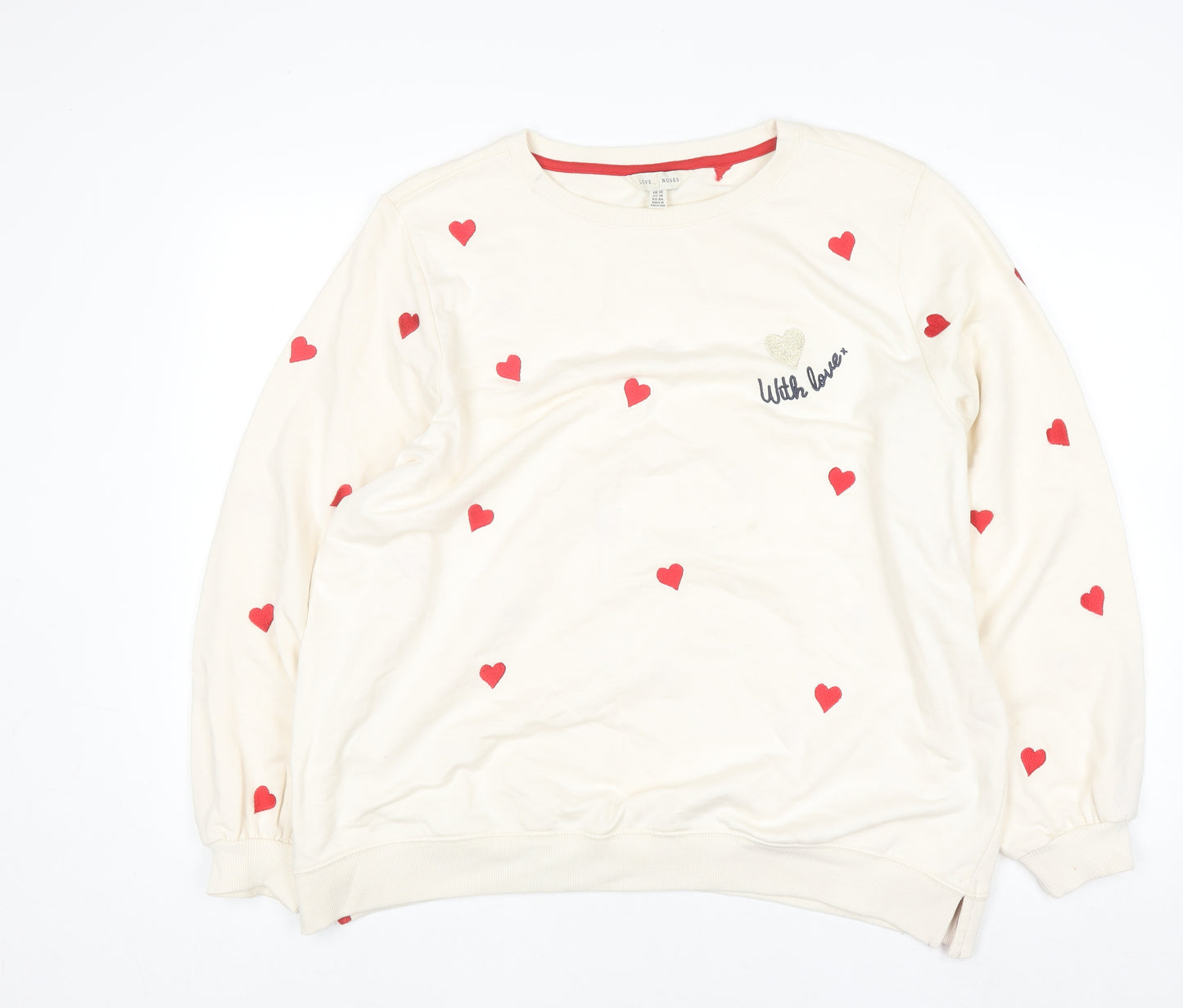 Love & Roses Womens Beige Red Heart Print Pullover Sweatshirt UK 18