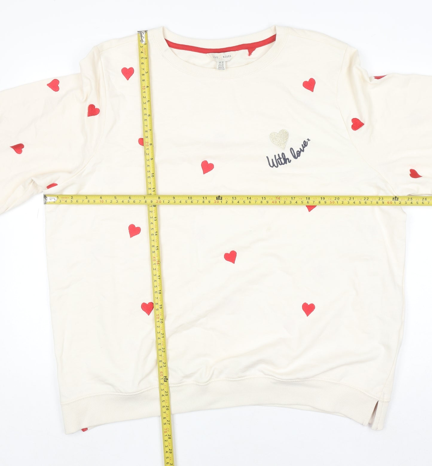 Love & Roses Womens Beige Red Heart Print Pullover Sweatshirt UK 18