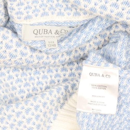 Quba & Co Women Blue White Knit Jumper Size 12 Cotton Roll Neck
