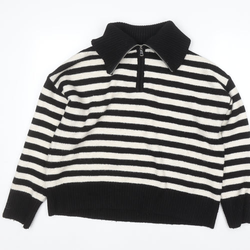 Bershka Women Black Striped Collared 1/4 Zip Knit Jumper Size 12