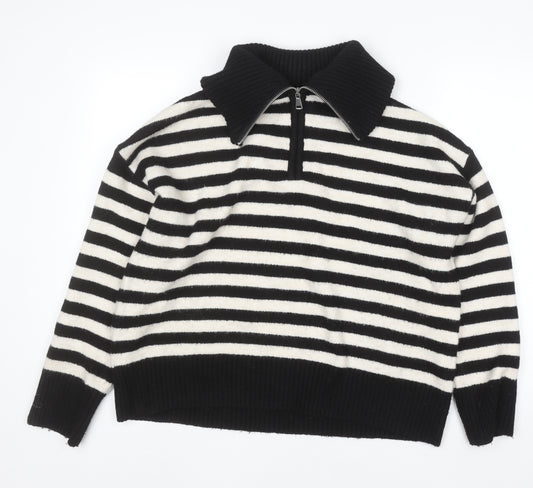 Bershka Women Black Striped Collared 1/4 Zip Knit Jumper Size 12