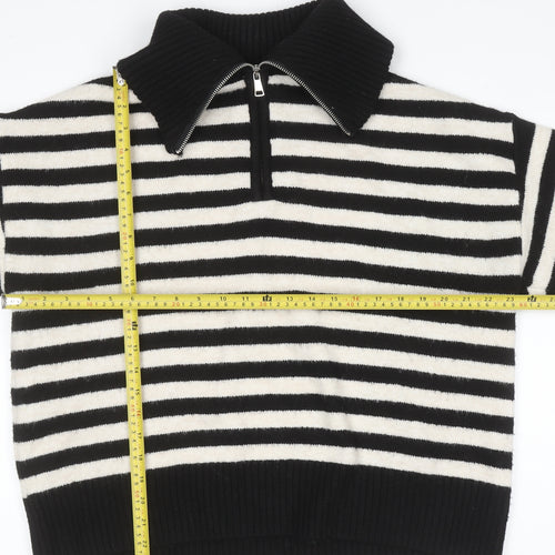 Bershka Women Black Striped Collared 1/4 Zip Knit Jumper Size 12
