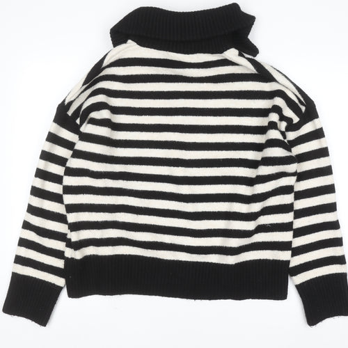 Bershka Women Black Striped Collared 1/4 Zip Knit Jumper Size 12
