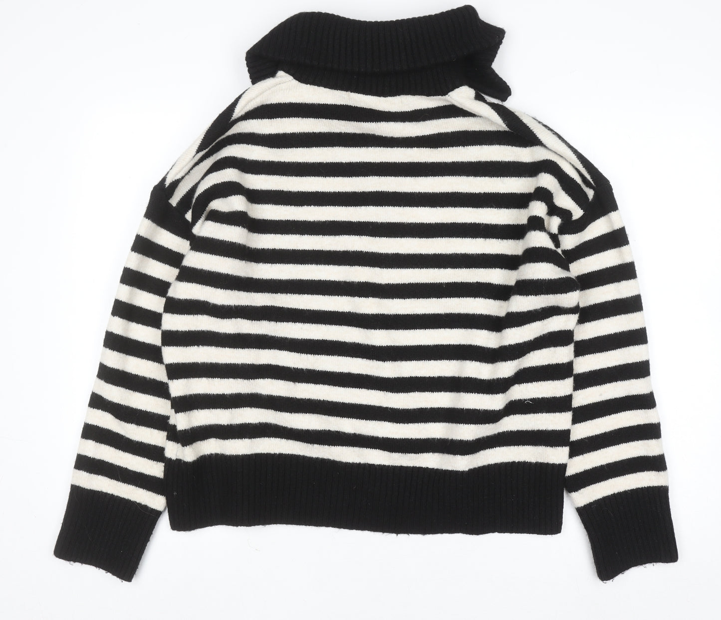 Bershka Women Black Striped Collared 1/4 Zip Knit Jumper Size 12