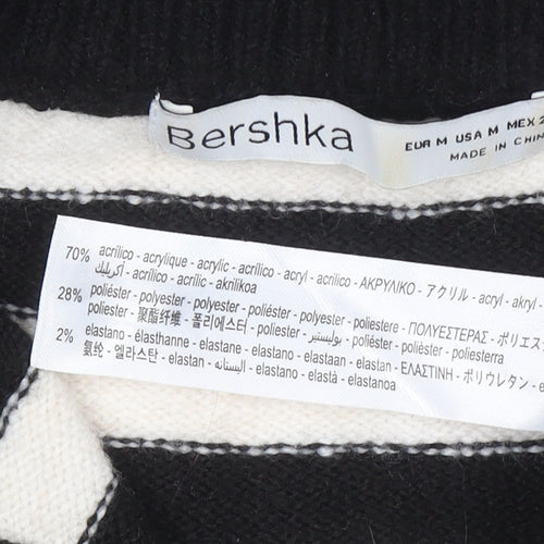 Bershka Women Black Striped Collared 1/4 Zip Knit Jumper Size 12