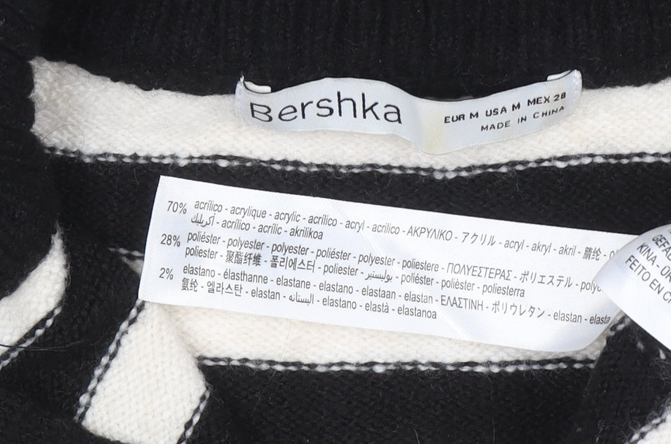 Bershka Women Black Striped Collared 1/4 Zip Knit Jumper Size 12