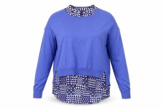 Front view of Next women’s blue layered long sleeve geometric blouse, size UK 14