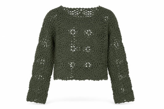 Front view of Candy Couture girls’ green crochet acrylic jumper 14 years long sleeve