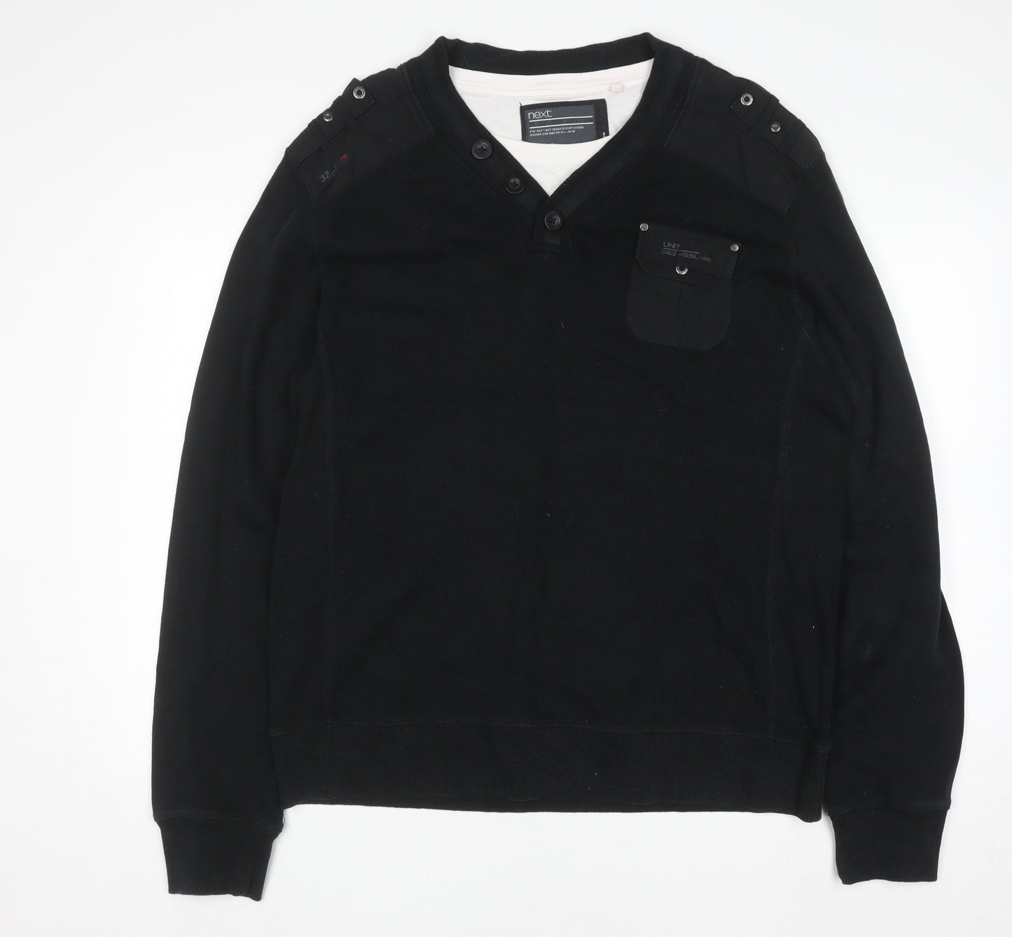 Next Men’s Black XL Cotton V-Neck Button Pullover Jumper