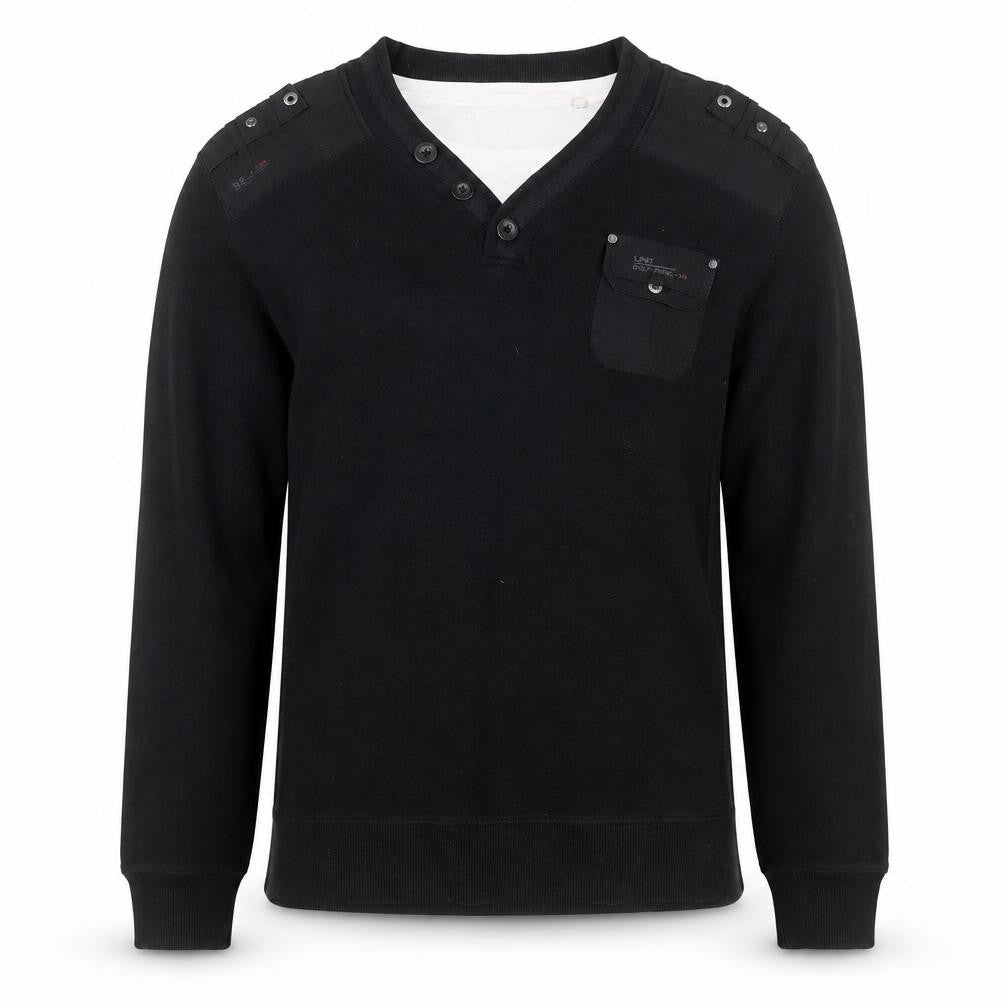 Front view of Next Men’s Black XL Cotton V-Neck Button jumper