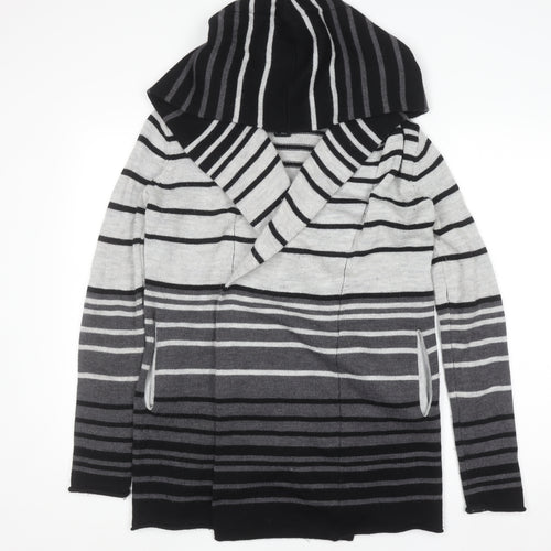 Cynthia Rowley Womens Grey Striped Hooded Merino Wool Blend Cardigan Size 10