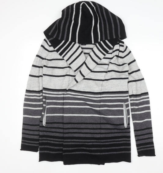 Cynthia Rowley Womens Grey Striped Hooded Merino Wool Blend Cardigan Size 10