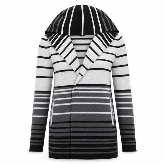 Front view of Cynthia Rowley women’s grey striped hooded merino wool blend cardigan, size UK 10