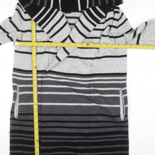 Cynthia Rowley Womens Grey Striped Hooded Merino Wool Blend Cardigan Size 10
