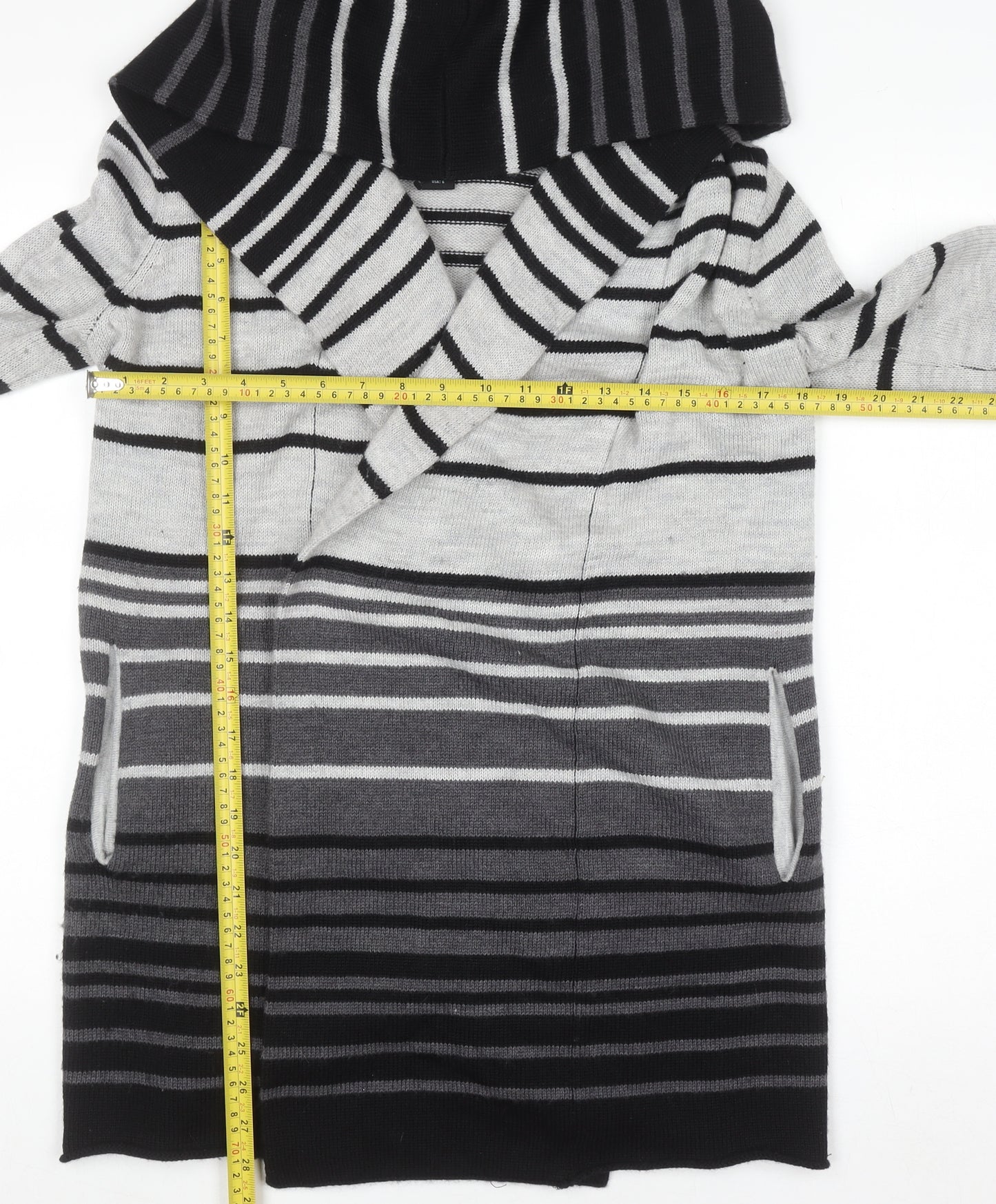 Cynthia Rowley Womens Grey Striped Hooded Merino Wool Blend Cardigan Size 10