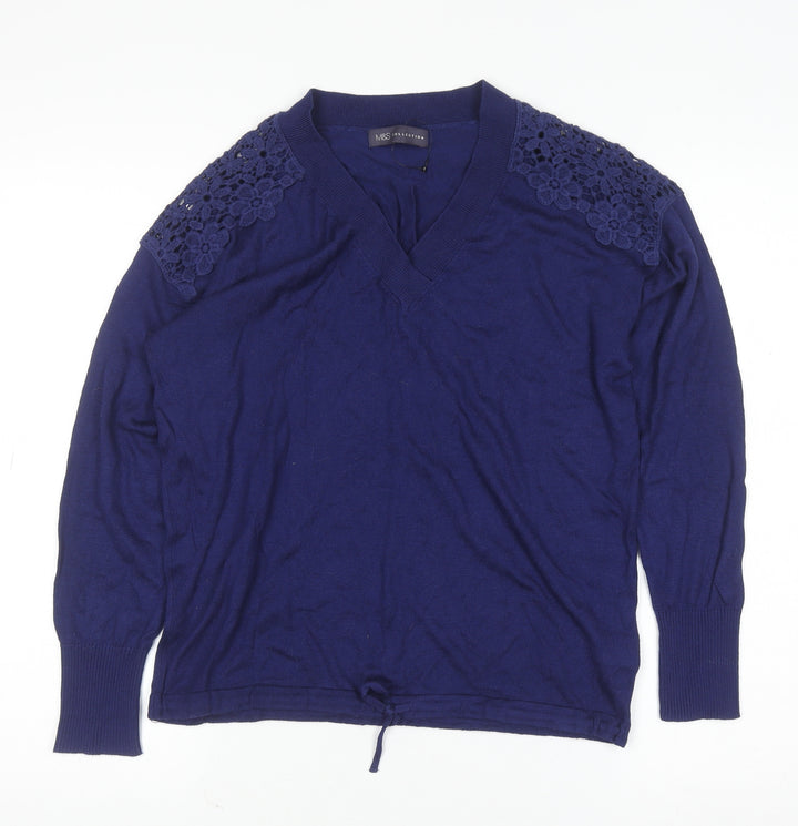 Marks and Spencer Women's Blue V-Neck Knit Jumper Size M