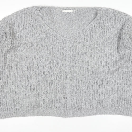 Lakeland Women Grey Chunky-Knit Acrylic V-Neck Pullover Jumper Size S