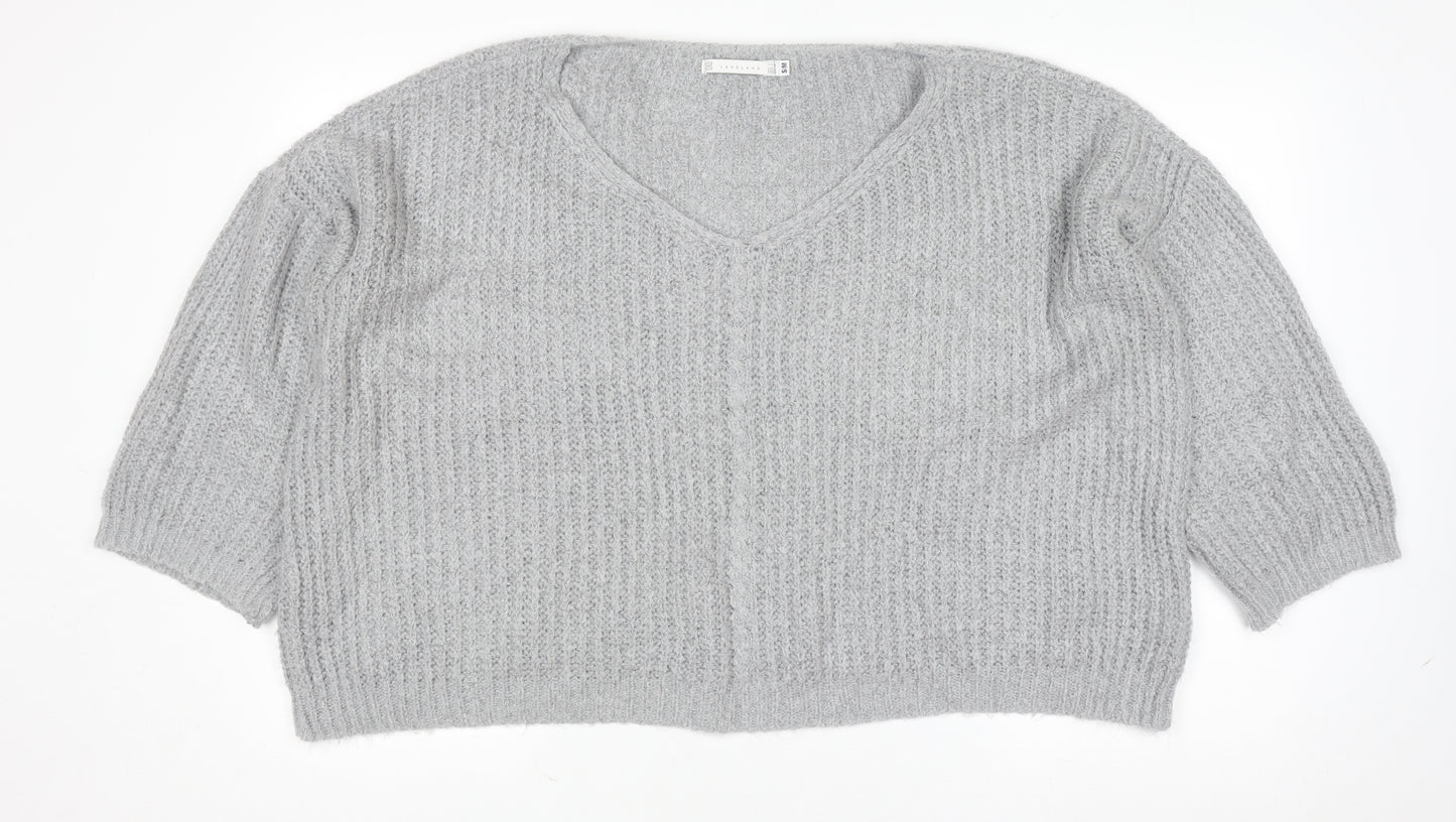 Lakeland Women Grey Chunky-Knit Acrylic V-Neck Pullover Jumper Size S