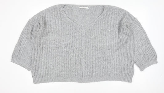 Lakeland Women Grey Chunky-Knit Acrylic V-Neck Pullover Jumper Size S