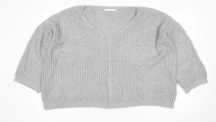 Lakeland Women Grey Chunky-Knit Acrylic V-Neck Pullover Jumper Size S