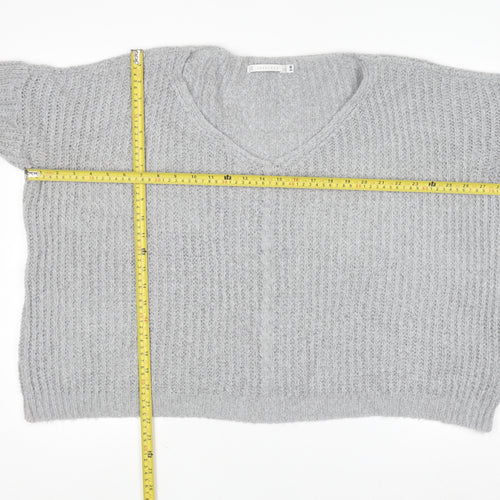 Lakeland Women Grey Chunky-Knit Acrylic V-Neck Pullover Jumper Size S