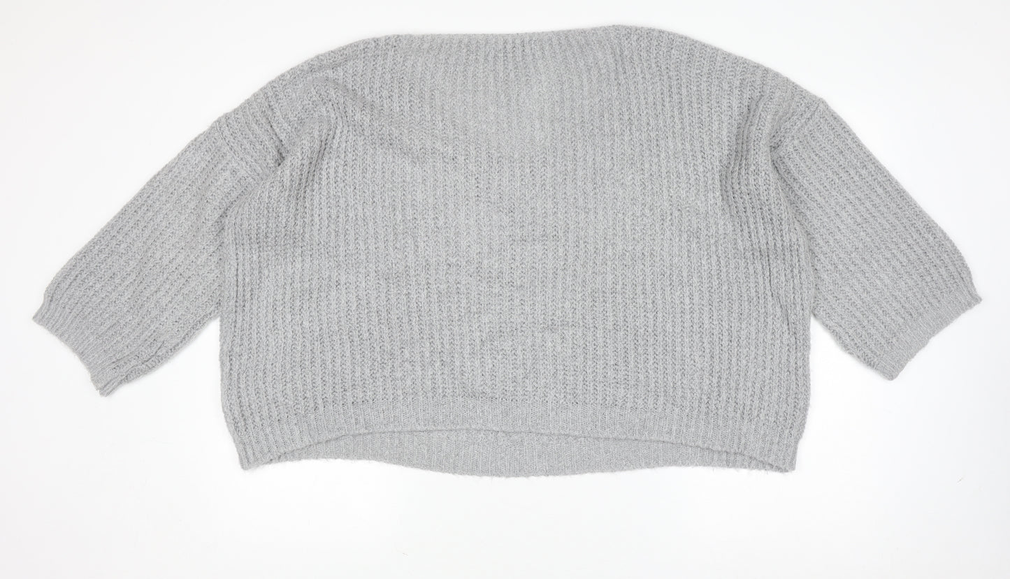 Lakeland Women Grey Chunky-Knit Acrylic V-Neck Pullover Jumper Size S