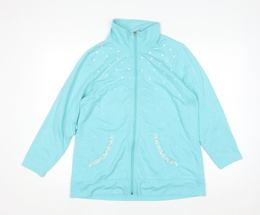 Quacker Factory Women Blue Rhinestone Full Zip Sweatshirt M
