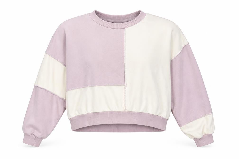 Front view of Monki Women’s Lilac & Cream Colourblock Pullover Sweatshirt, size L
