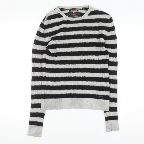 Superdry Womens Black Grey Striped Wool Blend Crew Neck Jumper XS