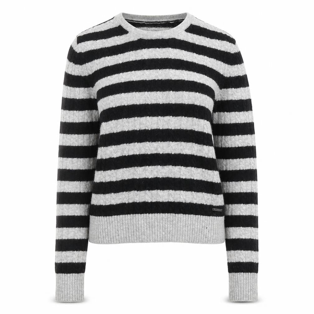Front view of Superdry women’s black grey striped wool blend crew neck jumper xs