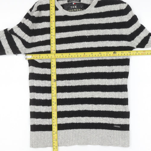 Superdry Womens Black Grey Striped Wool Blend Crew Neck Jumper XS