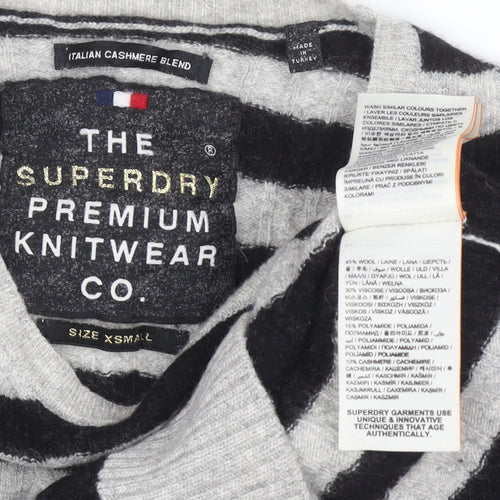 Superdry Womens Black Grey Striped Wool Blend Crew Neck Jumper XS