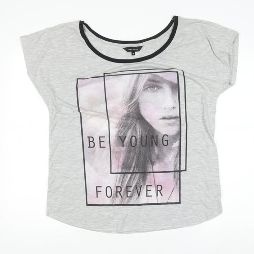 New Look Women Grey Graphic T-Shirt Size 16 Short Sleeve Polyester Viscose