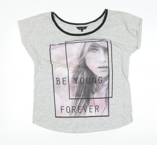 New Look Women Grey Graphic T-Shirt Size 16 Short Sleeve Polyester Viscose