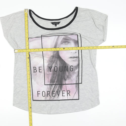 New Look Women Grey Graphic T-Shirt Size 16 Short Sleeve Polyester Viscose