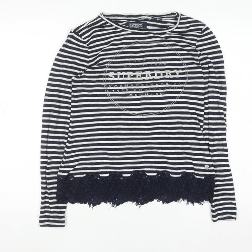 Superdry Women's Blue Striped Lace Hem Long Sleeve T-Shirt Size 10