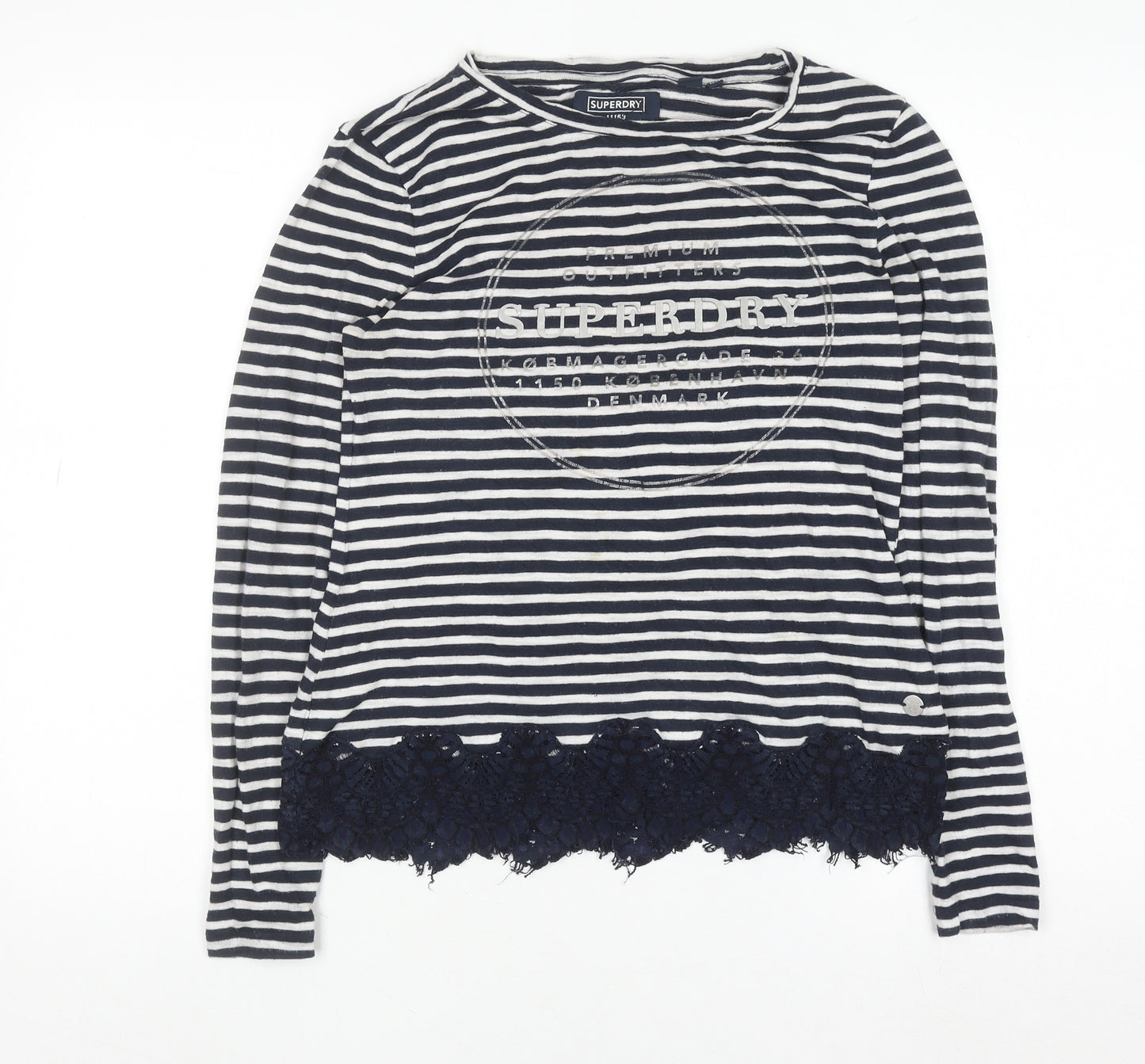 Superdry Women's Blue Striped Lace Hem Long Sleeve T-Shirt Size 10