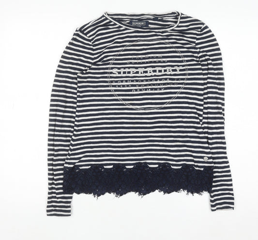 Superdry Women's Blue Striped Lace Hem Long Sleeve T-Shirt Size 10
