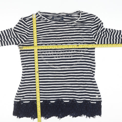 Superdry Women's Blue Striped Lace Hem Long Sleeve T-Shirt Size 10