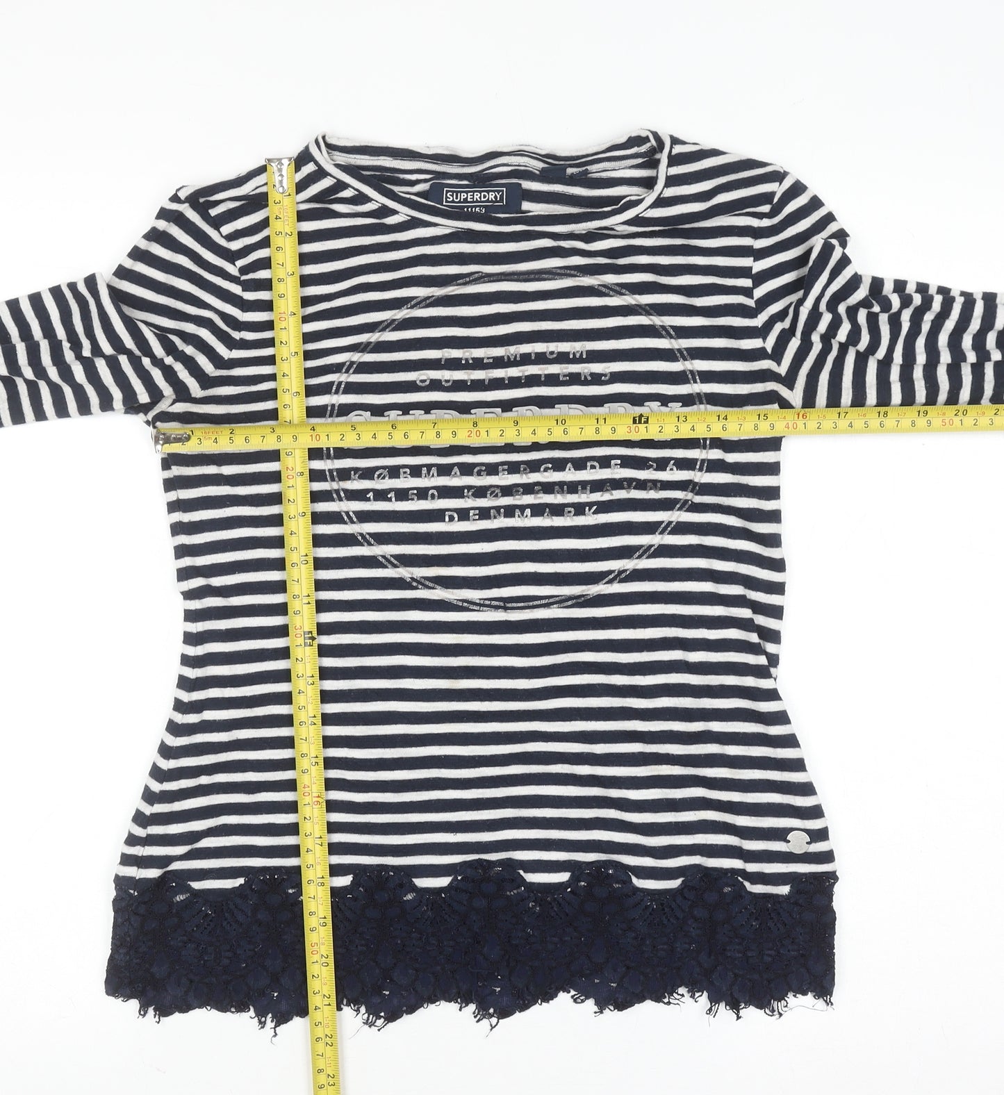 Superdry Women's Blue Striped Lace Hem Long Sleeve T-Shirt Size 10