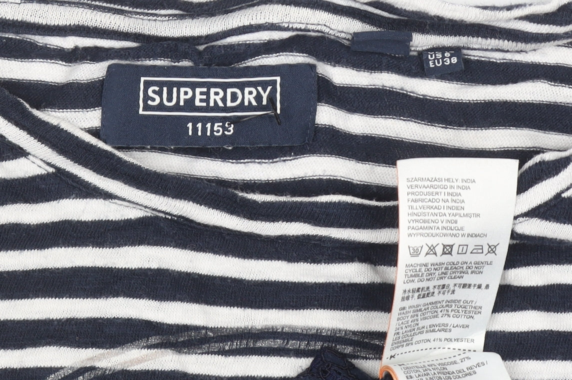 Superdry Women's Blue Striped Lace Hem Long Sleeve T-Shirt Size 10