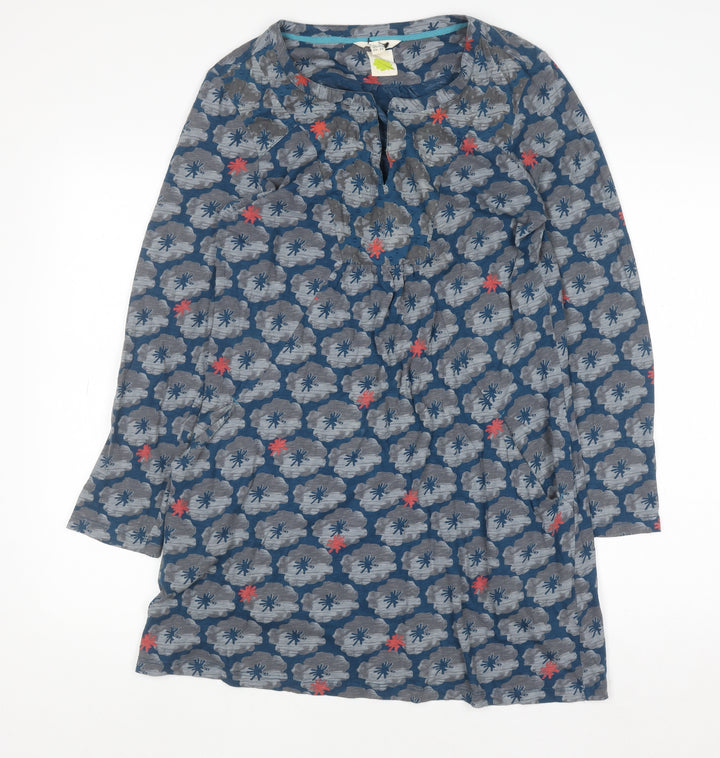 White Stuff Womens Blue Floral Shift Dress Size 12 Cotton Long Sleeve