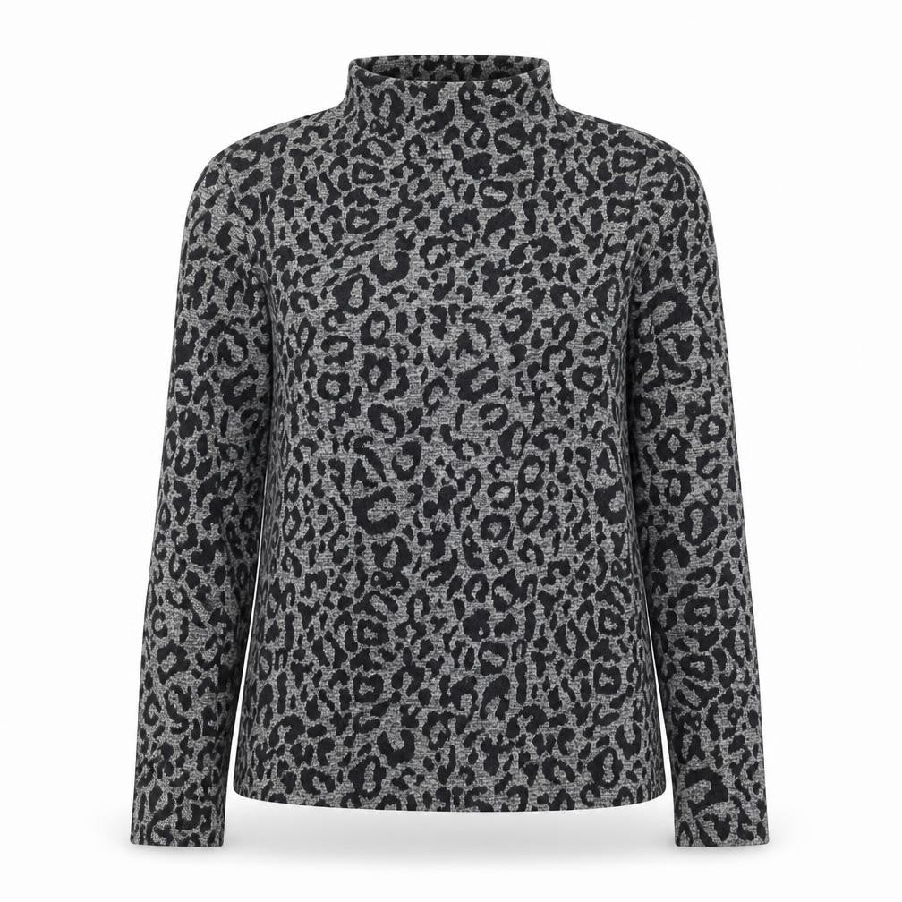 Front view of Oasis Women’s Grey Leopard Print Roll Neck Long Sleeve Top, size M